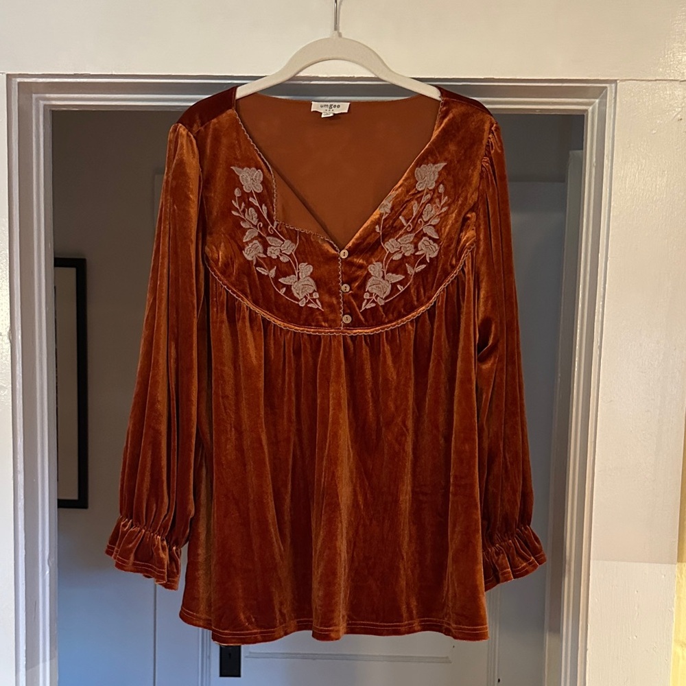 Umgee Rust Velvet Blouse with Floral Embroidery